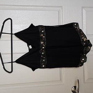 ING+ Women's Black & Gold Sequin Beaded V Neck Babydoll Tank Size 2X